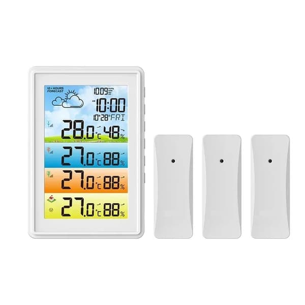 multifunktionell trådlös väderstation med 3 sensorer, digital termometer och hygrometer med färgskärm