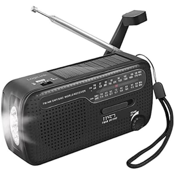 Logilink nödradio med 3 laddningsalternativ: vev dynamo, solpanel och USB, med inbyggd ficklampa.