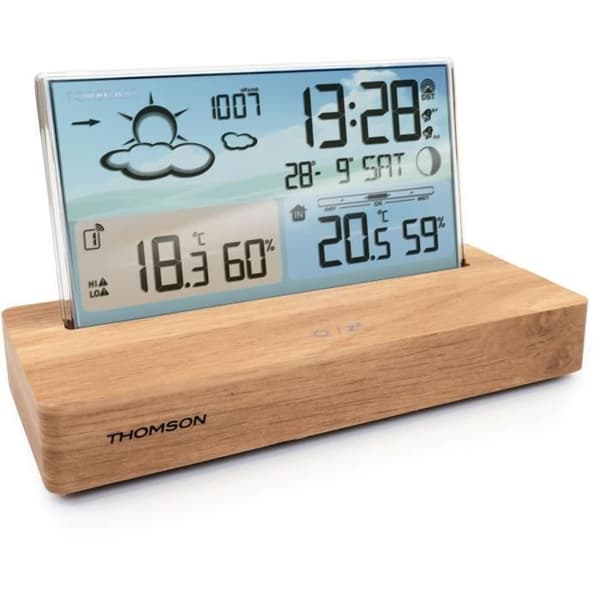 Väderstations väckarklocka - THOMSON - Lätt trä - Temperaturdisplay, Hygrometri, Dubbelt larm, USB-C, Trådlös sond