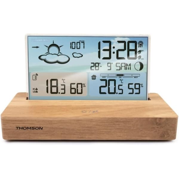 Väderstations väckarklocka - THOMSON - Lätt trä - Temperaturdisplay, Hygrometri, Dubbelt larm, USB-C, Trådlös sond