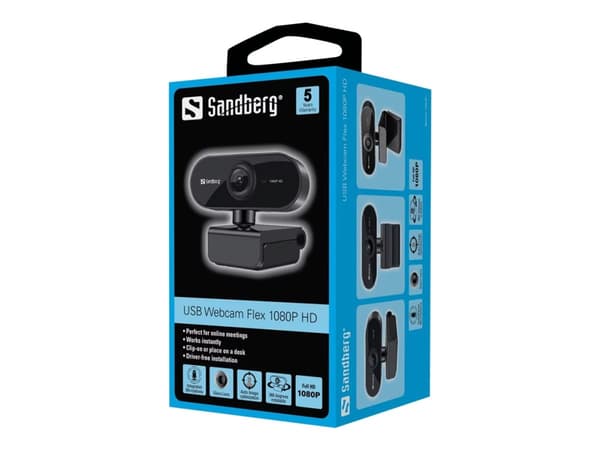 Sandberg USB Webcam Flex - Nettkamera - farge - 2 MP - 1920 x 1080 - 1080p - fastfokal - lyd - USB 2.0 Sort