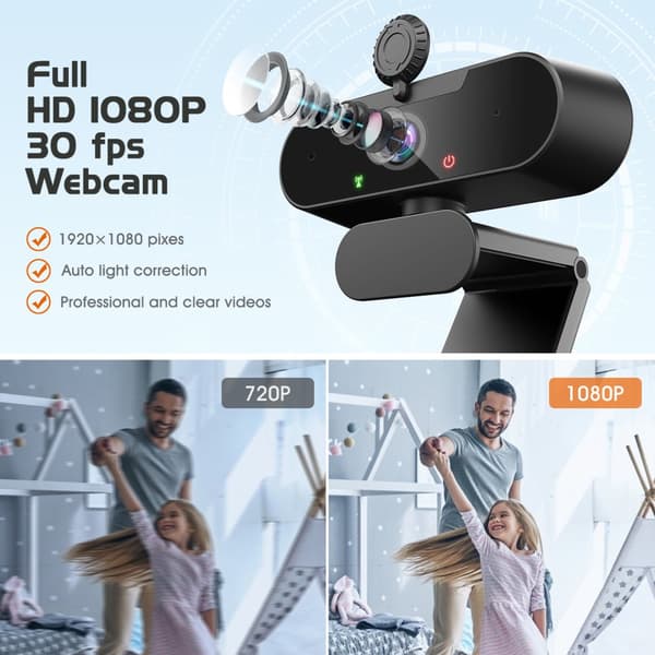 ELEGIANT Webcam med Microfono 1080P HD, Webkamera med Treppiede PC-kamera og Privacy Cover USB Plug & Play pr. computer, Skype, Chat Video og