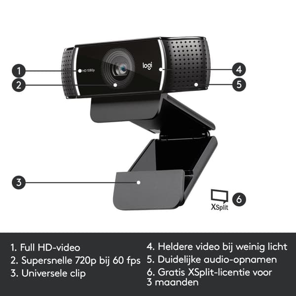 Logitech - Webbkamera - C922 Pro Stream-webbkamera - Full HD-webbkamera - FULL HD 1080P/30fps - Svart