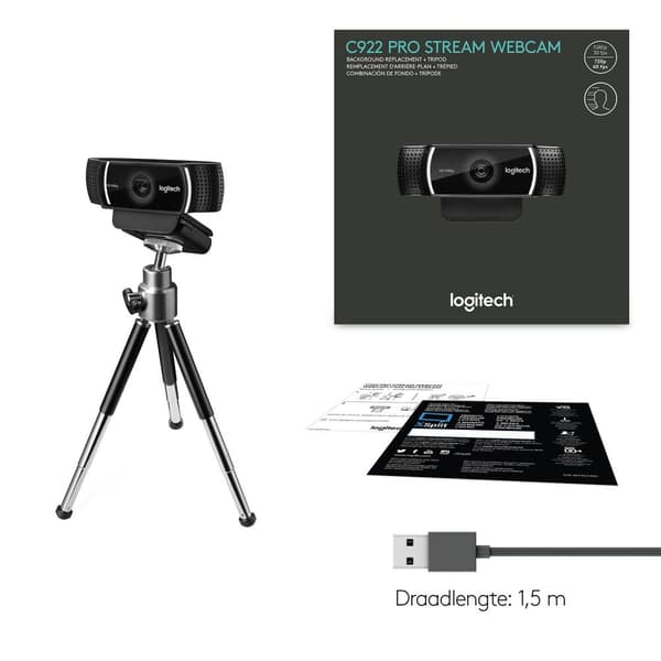 Logitech - Webbkamera - C922 Pro Stream-webbkamera - Full HD-webbkamera - FULL HD 1080P/30fps - Svart