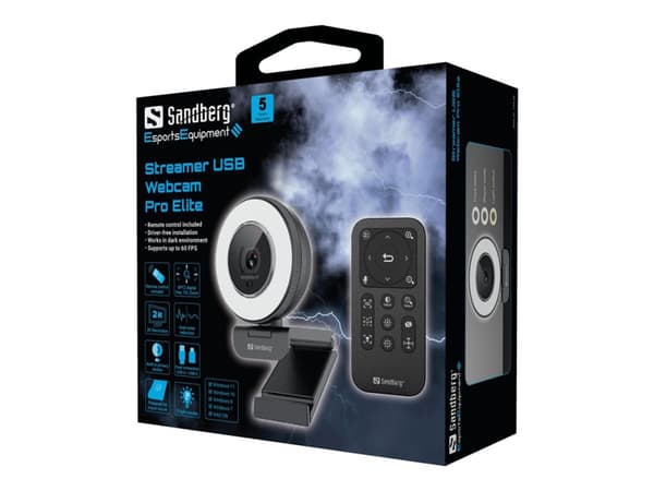 Sandberg Streamer USB Webcam Pro Elite - Direktestrømningskamera - farge - 2560 x 1440 - lyd - USB 2.0 - H.264, H.265, MJPEG, YUY2