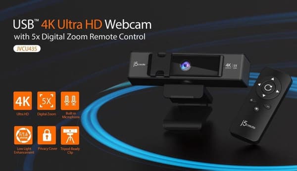 j5create JVCU435-N USB 4K Ultra HD-webbkamera med 5x digital zoomavståndskontroll