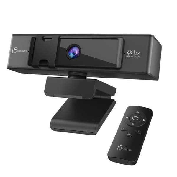 j5create JVCU435 4K UHD USB-webbkamera med 5x digital zoomfjärrkontroll, 3840 x 2160 videoupplösning, svart och silver Svart, Grå