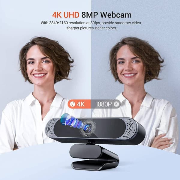 Webcam 4K30fps 8MP med autofokus, dobbelt mikrofon og stativ