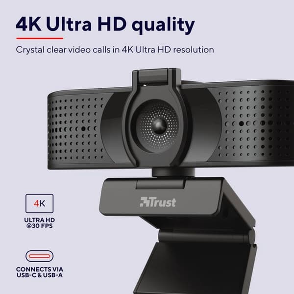 Trust Teza 4K Ultra HD-webbkamera, 3840x2160, med 2 inbyggda mikrofoner och autofokus, USB Plug &amp; Play