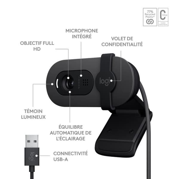 Logitech Brio 100 Full HD-webbkamera med sekretess, automatisk ljuskorrigering, USB-A - grafit