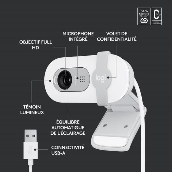 Webbkamera - Full HD 1080p - Logitech - Brio 100 - Integrerad mikrofon - Vit