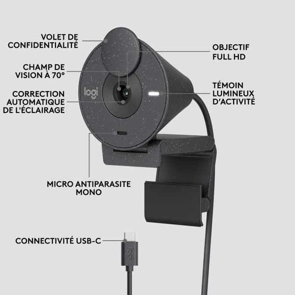 Webbkamera - Full HD 1080p - Logitech - Brio 300 - Integrerad mikrofon med brusreducering - Obstructor - Grafit