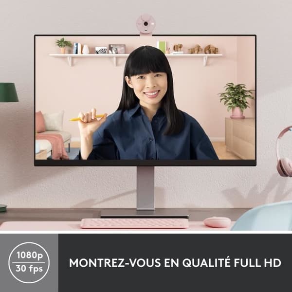 Webbkamera Logitech Brio 300 Full HD med sekretess, mikrofon med brusreducering, USB-C - Rosa