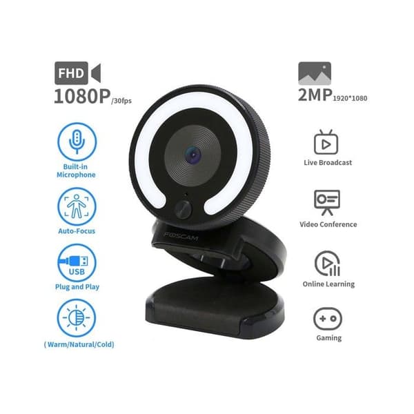Webbkamera - Foscam - W28 - 1080P - Inbyggd mikrofon - Automatisk fokusering LED