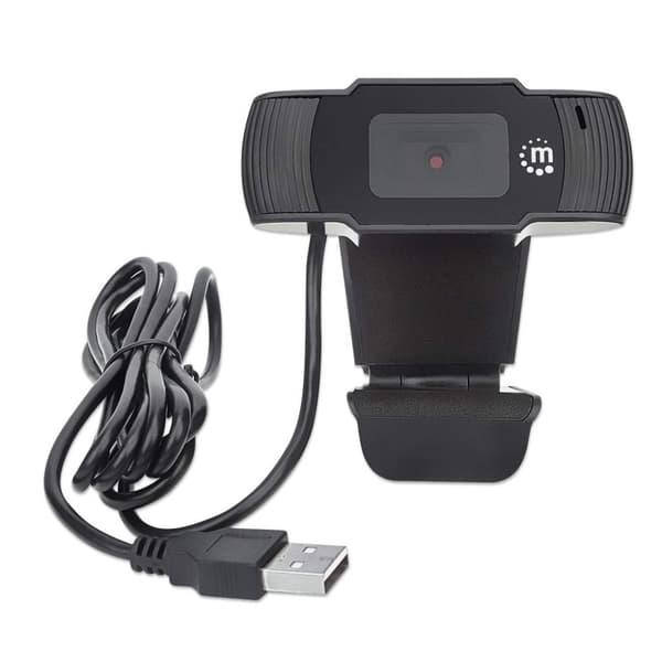 Manhattan USB-webcam, to megapixels (udsalgspris), 1080p Full HD, USB-A, integreret mikrofon, justerbar klipsbase, 30 billeder pr. sekund, sort, tre