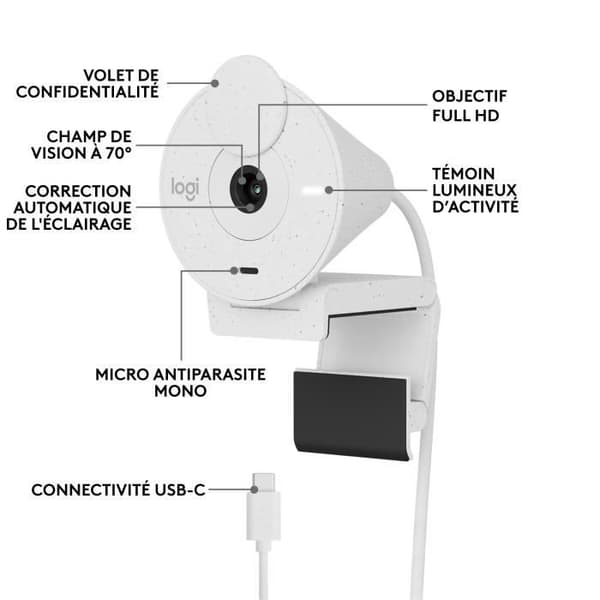Webbkamera Logitech Brio 300 Full HD med sekretess, brusreducerande mikrofon, USB-C - Vit