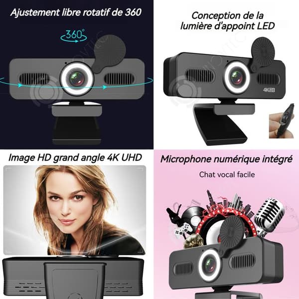 INN Webcam för PC 4k med extra ljus, inbyggd mikrofon, 360 graders rotation, streamingwebbkameror, webbkameror för streaming.