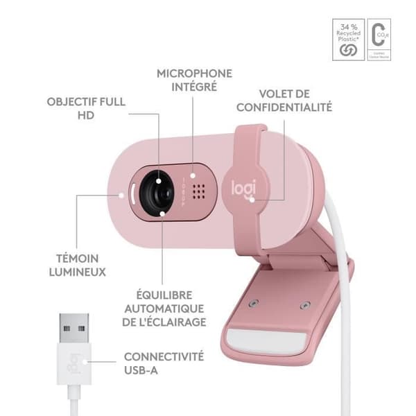 Logitech Brio 100 Webcam Full HD -verkkokamera yksityisyystoiminnolla, automaattinen valonkorjaus, USB-A - pinkki