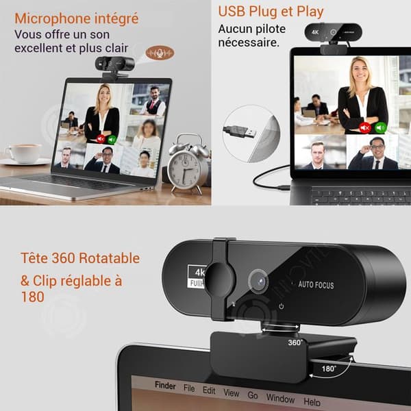 INN Webcam för PC 3840x2160 30fps autofokus med objektivskydd, brusreducerande mikrofon, 360 graders rotation, plug and play, streaming-webbkamera