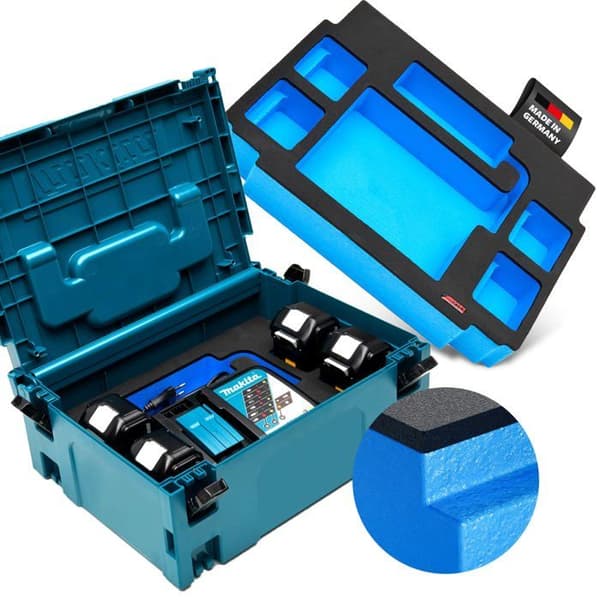 Aptex. Inlägg i skum för laddare Makita DC18RC + 4 batterier för MakPac storlek 2-3