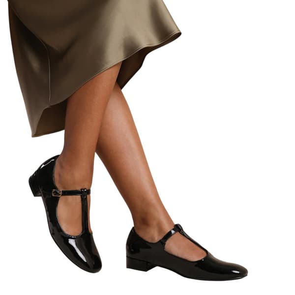 Where's That From Womens/Ladies Cairo Patent Leather T-Bar Buckle Detail Low Block Heel Shoes