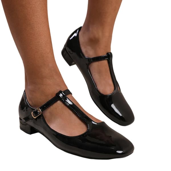 Where's That From Womens/Ladies Cairo Patent Leather T-Bar Buckle Detail Low Block Heel Shoes