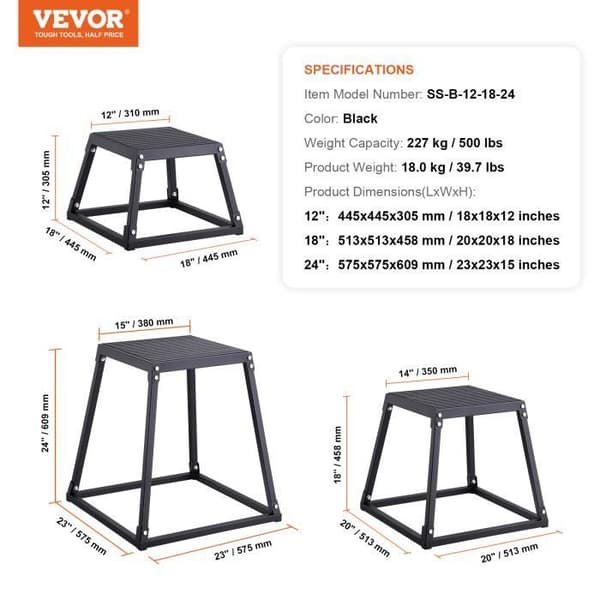 Bodybuilding Jump Box - VEVOR - 3-delat set 305/458/609 mm, Belastning 227 kg, Svart, För träning hemmagym