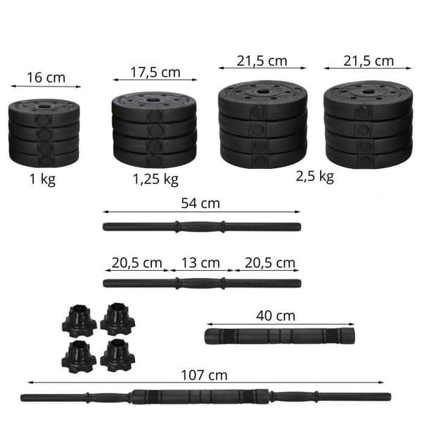 Hantelset - SPRINGOS - 30 kg - Justerbara hantlar - Kettlebell - Lång vadderad stång