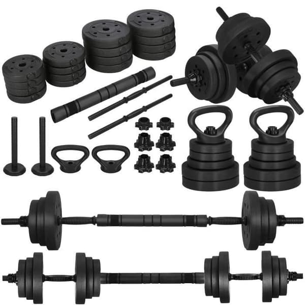 Hantelset - SPRINGOS - 30 kg - Justerbara hantlar - Kettlebell - Lång vadderad stång