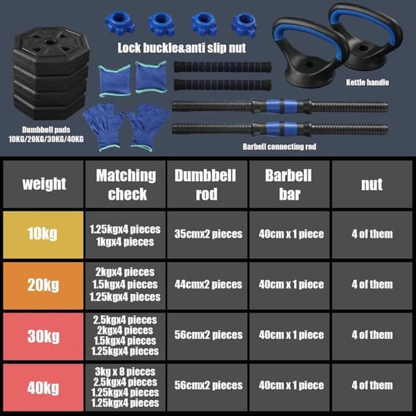 Justerbara hantlar 4 i 1 Ekologiskt set omvandlingsbar till stång, kettlebell, armhävningshandtag 30KG