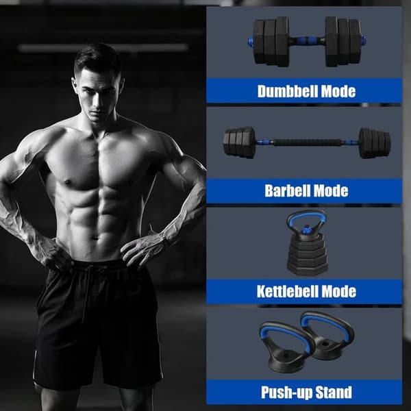 Justerbara hantlar 4 i 1 Ekologiskt set omvandlingsbar till stång, kettlebell, armhävningshandtag 30KG
