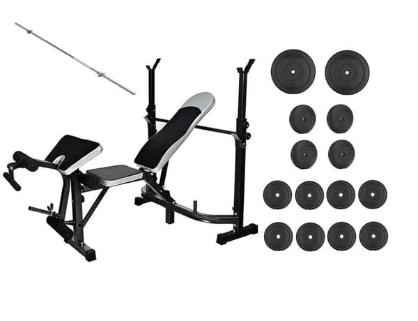 Kompakti monitoiminen kotikuntosalipenkki, säädettävä selkänoja & 60 kg painot