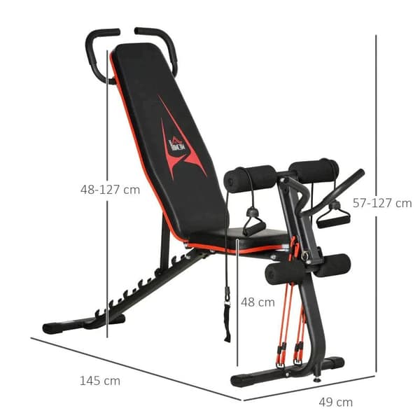 Rootz Viktbänk - Justerbar träningsbänk med elastiskt rep - Sit-up bänk för hemmaträning - 6 nivåer - Lutning på ryggstödet - Vikt upp till 150 kg - S