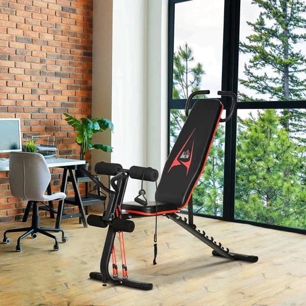 Rootz Viktbänk - Justerbar träningsbänk med elastiskt rep - Sit-up bänk för hemmaträning - 6 nivåer - Lutning på ryggstödet - Vikt upp till 150 kg - S