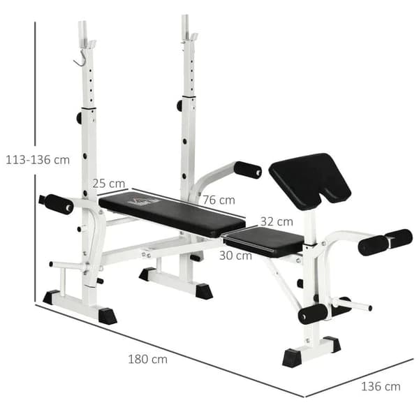 Rootz-painopenkki painotelineellä - Rintapuhallin - Jalkapuristus - Käsinoja hauiskiharruksiin - Teräs - Mustavalkoinen - 180L x 134W x 113-136K cm