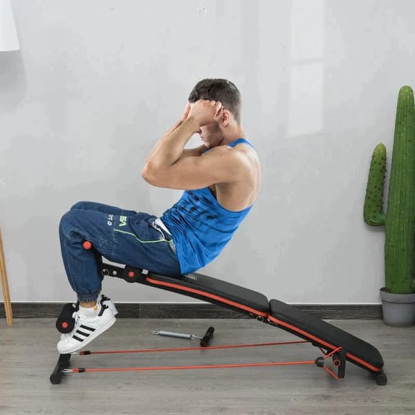 Rootz Sit Up Bench - Mavetræner - Træningsbænk - Træningsreb - Justerbar og foldbar - Sort/Rød - 137 x 51 x 50-66 cm