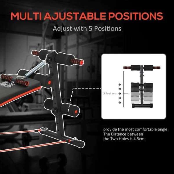 Rootz Sit Up Bench - Mavetræner - Træningsbænk - Træningsreb - Justerbar og foldbar - Sort/Rød - 137 x 51 x 50-66 cm
