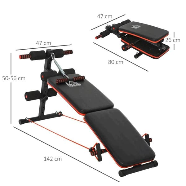 Rootz Sit Up Bench - Mavetræner - Træningsbænk - Træningsreb - Justerbar og foldbar - Sort/Rød - 137 x 51 x 50-66 cm