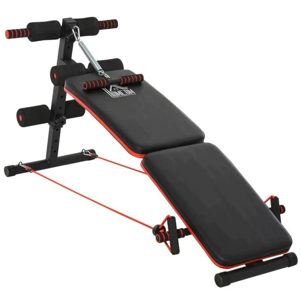 Rootz Sit Up Bench - Mavetræner - Træningsbænk - Træningsreb - Justerbar og foldbar - Sort/Rød - 137 x 51 x 50-66 cm
