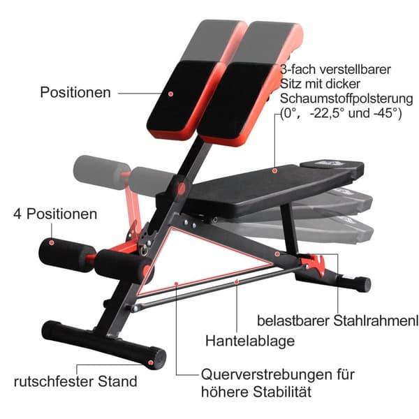 Rootz Vægtbænk Multifunktionel - Sort, Rød - Stål, PVC, Eva - 25,19 cm x 57,48 cm x 28,93 cm