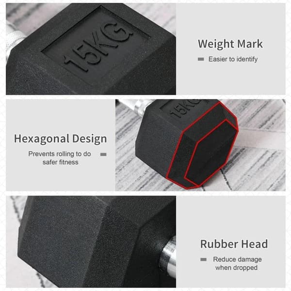 Rootz 15KG Single Rubber Hex käsipaino - Kuusikulmaiset käsipainot - Pyörretetty kahva - Urheilu kuusiokolopainosetit - Painonnostoharjoitus - Koti -