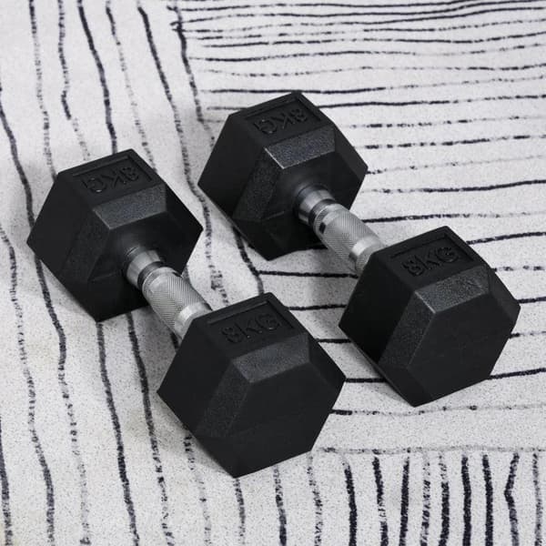 Rootz 2 x 8 KG kuusikulmaiset käsipainot - Kumikäsipaino - Pyörretetty kahva - Urheilu kuusiokolopainosarjat - Painonnostoharjoitus - Koti - Kuntosali