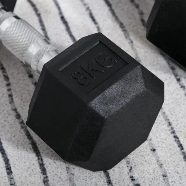Rootz 2 x 8 KG kuusikulmaiset käsipainot - Kumikäsipaino - Pyörretetty kahva - Urheilu kuusiokolopainosarjat - Painonnostoharjoitus - Koti - Kuntosali