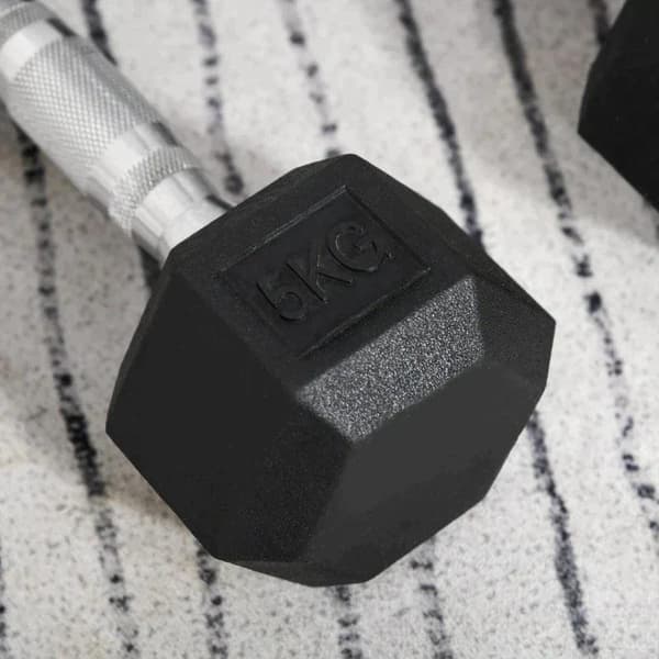 Rootz 2x5kg kuusikulmainen käsipainot - kumikäsipaino - pyälletty kahva - urheilullinen kuusiopainosarja - painonnostoharjoitus - koti - kuntosali