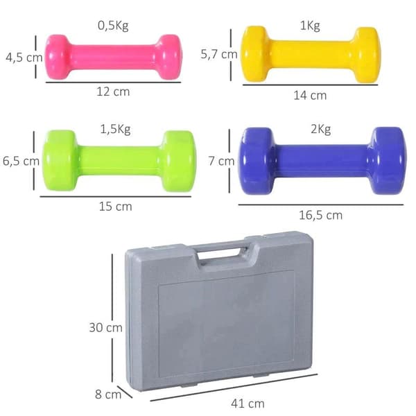 Rootz käsipainosetti - 4 paria käsipainoja kotelon kanssa - rauta + muovi - punainen + keltainen + vihreä + violetti - 41L x 30W x 8K cm