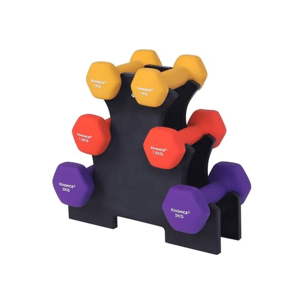 Rootz Home Gym Hantelset - Fria vikter - Styrketräning - Gjutjärn med vinyl - 6 hantlar + Stativ - 2 kg x 1 kg, 1,5 kg, 2 kg