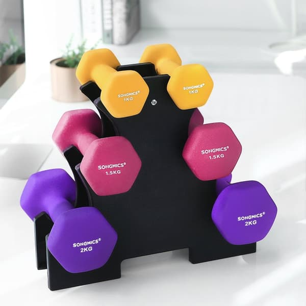 Rootz Neopren Hantlar Set - Styrketräning hemma - Gjutjärn - Halkfritt - Utrymmesbesparande Stativ - 6 Hantlar - 13,5 cm x 6,5 cm x 6 cm