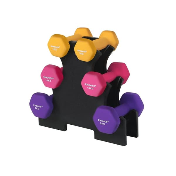 Rootz Neopren Hantlar Set - Styrketräning hemma - Gjutjärn - Halkfritt - Utrymmesbesparande Stativ - 6 Hantlar - 13,5 cm x 6,5 cm x 6 cm