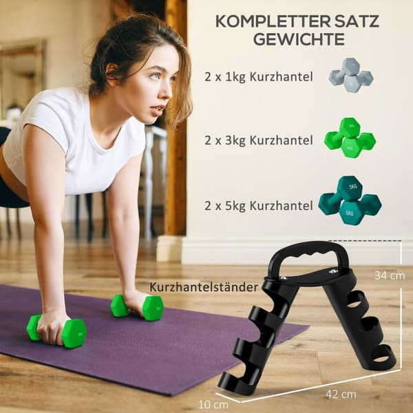 Rootz -håndvægtssæt med rack - Vægtsæt - Fitnessvægte - Rumbesparende - håndvægt: 14x6x6, 19.5x8.5x8.5, 22x9.7x9.7cm - Rack: 42x10x30cm