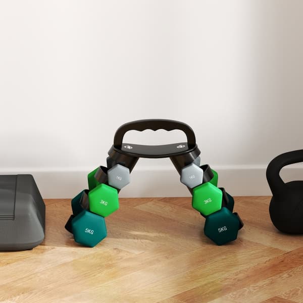 Rootz -håndvægtssæt med rack - Vægtsæt - Fitnessvægte - Rumbesparende - håndvægt: 14x6x6, 19.5x8.5x8.5, 22x9.7x9.7cm - Rack: 42x10x30cm
